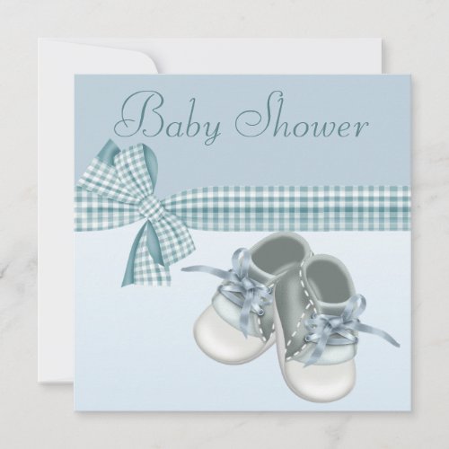 Cute Baby Boy Shower Blue Shoes  Elegant Ribbon Invitation