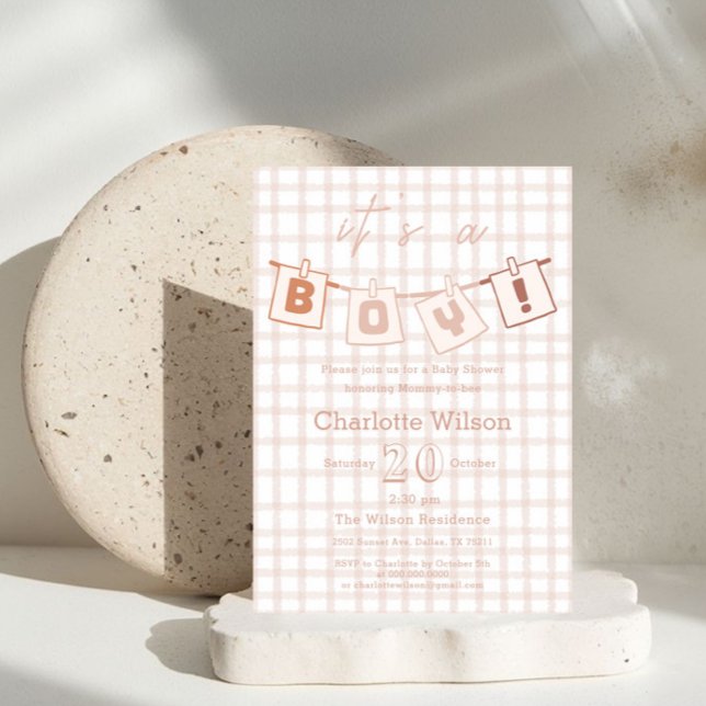 Cute Baby Boy Shower Brown Gingham Notedry Invitation (Creator Uploaded)