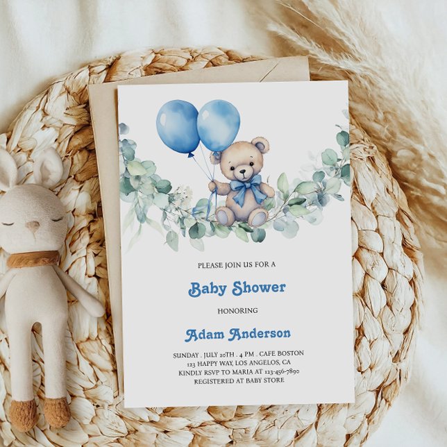 Cute Baby Boy Shower Invite – Blue Balloons & Bear (Creator Uploaded)