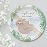 Cute Baby Boy Sloth Baby Shower Paper Plates<br><div class="desc">Cute Baby Boy Sloth Baby Shower Paper Plate. This fun baby shower paper plate features a sweet smiling baby sloth hanging from a branch, with green watercolor jungle leaves and blue clouds. All the text is customizable. There are matching napkins in my store. Because we create our own artwork you...</div>