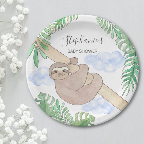 Cute Baby Boy Sloth Baby Shower Paper Plates