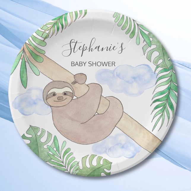 Cute Baby Boy Sloth Baby Shower Paper Plates (Creator Uploaded)
