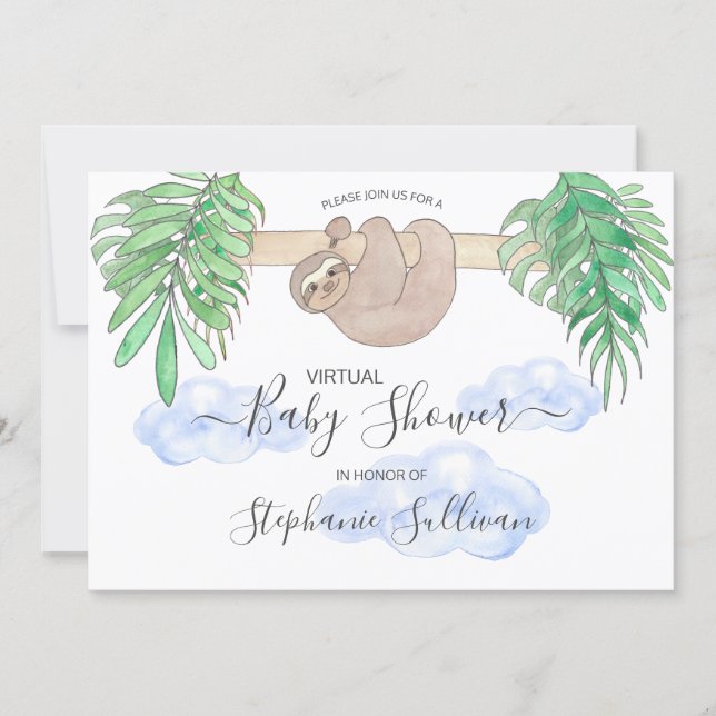 Cute Baby Boy Sloth Virtual Baby Shower Invitation (Front)