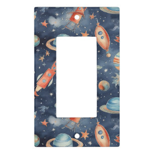 Cute Baby Boy Space Planet Watercolor Blue Orange Light Switch Cover