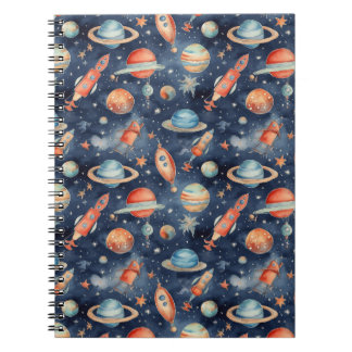 Cute Baby Boy Space Planet Watercolor Blue Orange Notebook