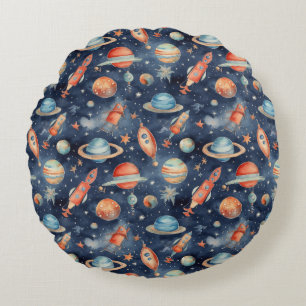 Cute Baby Boy Space Planet Watercolor Blue Orange Round Pillow