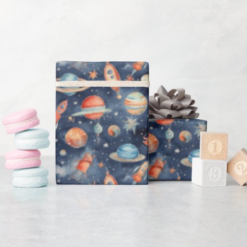 Cute Baby Boy Space Planet Watercolor Blue Orange Wrapping Paper