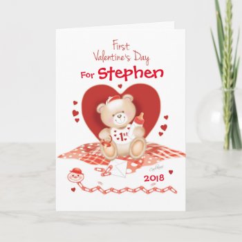 Cute Baby Boy Teddy On 1st Holiday Card by WilBiCreations at Zazzle