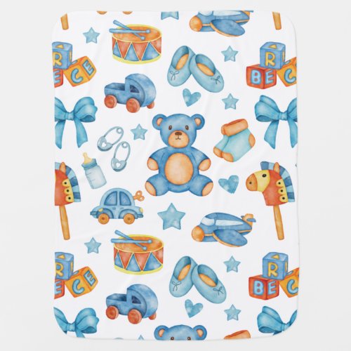Cute Baby Boy Watercolor Blue Toys Repeat Pattern Baby Blanket