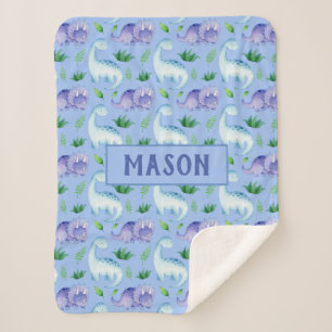 Cute Baby Boy Watercolor Dinosaur Personalized Sherpa Blanket