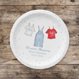 Cute Baby Boy Whimsical Denim Blue Baby Clothes Paper Plates