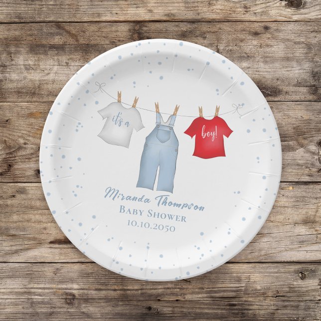 Cute Baby Boy Whimsical Denim Blue Baby Clothes Paper Plates (Creator Uploaded)
