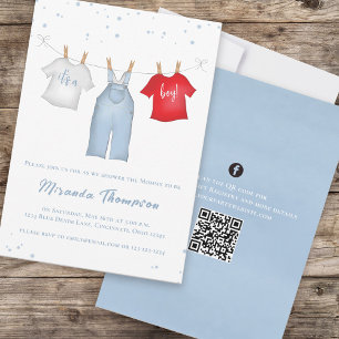 Cute Baby Boy Whimsical Denim Blue QR Code Invitation