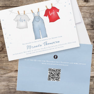 Cute Baby Boy Whimsical Denim Blue QR Code Invitation