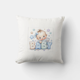 Cute Baby Boy with Teddy Bear & Stars | Sweet Nurs Throw Pillow