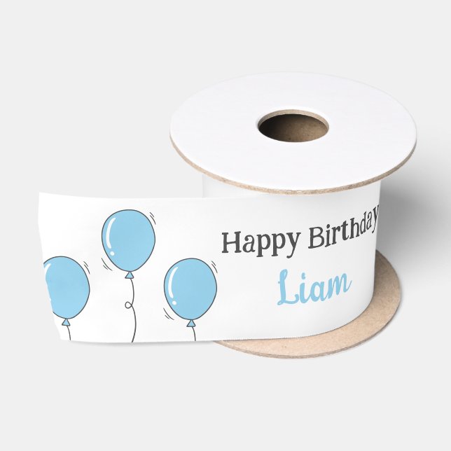 Cute Baby Boy's First Birthday Blue Balloon Custom Satin Ribbon (Spool)