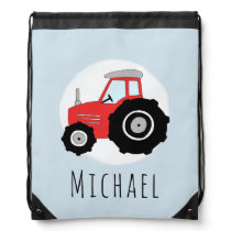 Cute Baby Boy's Red Farm Tractor and Name Drawstring Bag