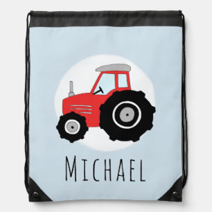 Cute Baby Boy's Red Farm Tractor and Name Drawstring Bag