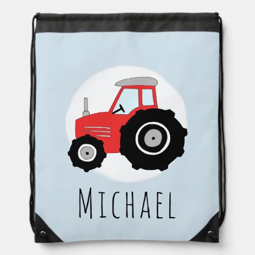 Cute Baby Boys Red Farm Tractor and Name Drawstring Bag