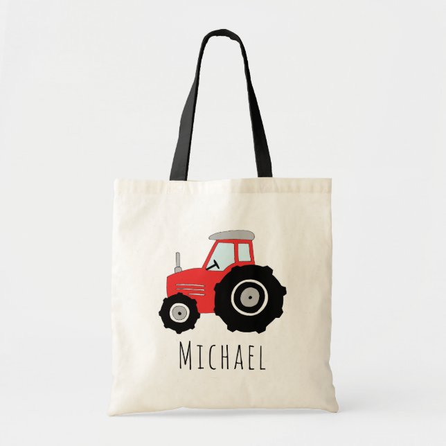 Cute Baby Boy's Red Farm Tractor and Name Tote Bag (Front)