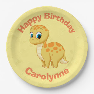 Cute Baby Brontosaurus Dinosaur Cutisaurus Yellow Paper Plates