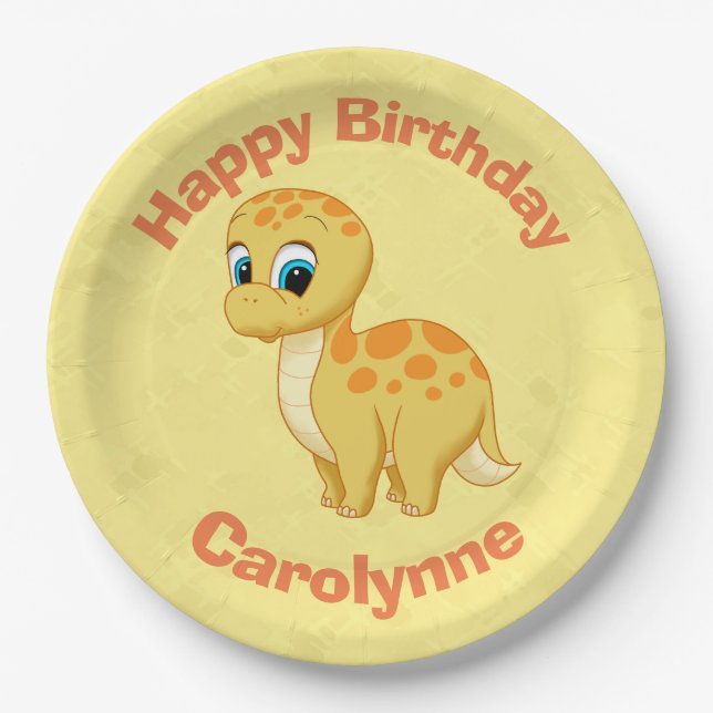 Cute Baby Brontosaurus Dinosaur Cutisaurus Yellow Paper Plates (Front)