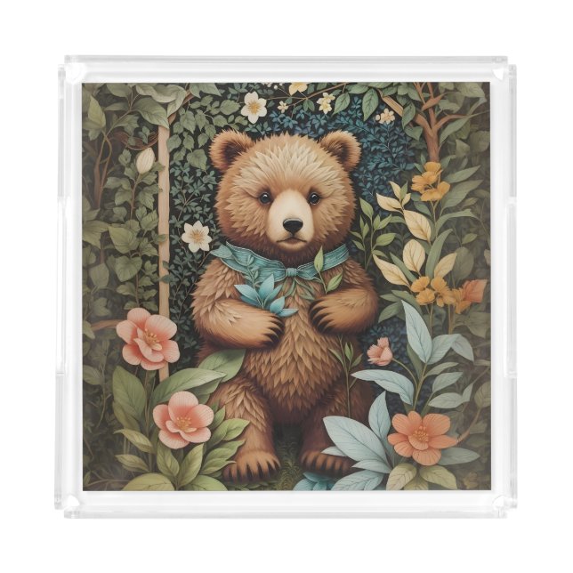 Cute Baby Brown Bear William Morris Inspired  Acrylic Tray (Front)
