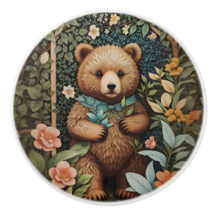 Cute Baby Brown Bear William Morris Inspired  Ceramic Knob