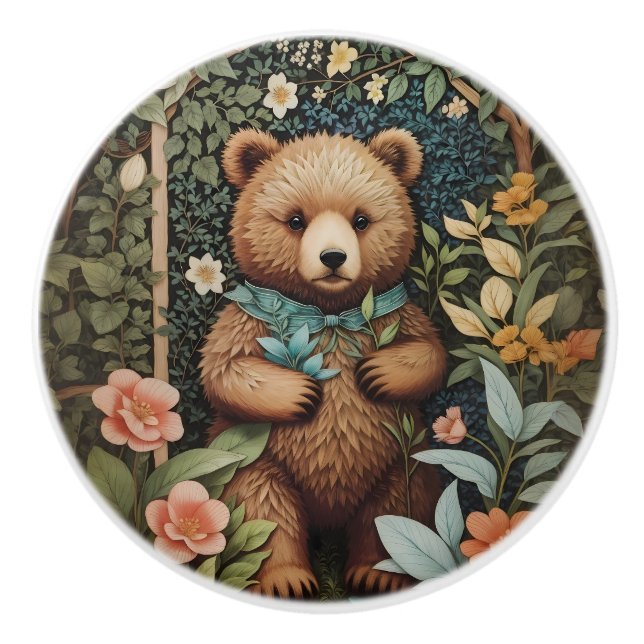 Cute Baby Brown Bear William Morris Inspired  Ceramic Knob (Front)