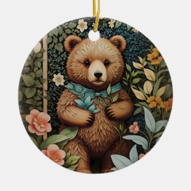 Cute Baby Brown Bear William Morris Inspired  Ceramic Ornament (Front)