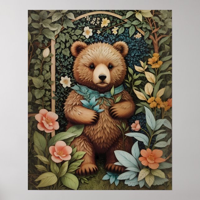 Cute Baby Brown Bear William Morris Inspired  Poster (Front)