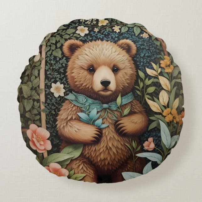 Cute Baby Brown Bear William Morris Inspired  Round Pillow (Front)