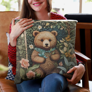 Cute Baby Brown Bear William Morris Inspired Throw Pillow