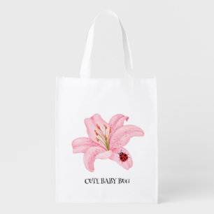 Cute Baby BUG and Bee on pink lily Flower Grocery Bag