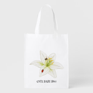 Cute Baby BUG and Bee on White lily Flower Grocery Bag