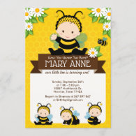 Cute Baby Bumble Bee Honey Bee 1st Birthday Invitation