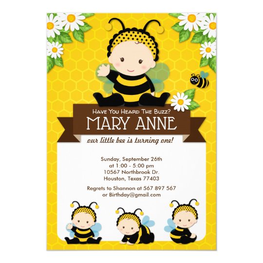 Cute Baby Bumble Bee Honey Bee 1st Birthday Invitation | Zazzle.com