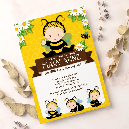 Cute Baby Bumble Bee Honey Bee 1st Birthday Invitation
