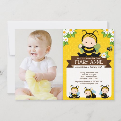 Cute Baby Bumble Bee Honey Bee 1st Birthday Photo Invitation