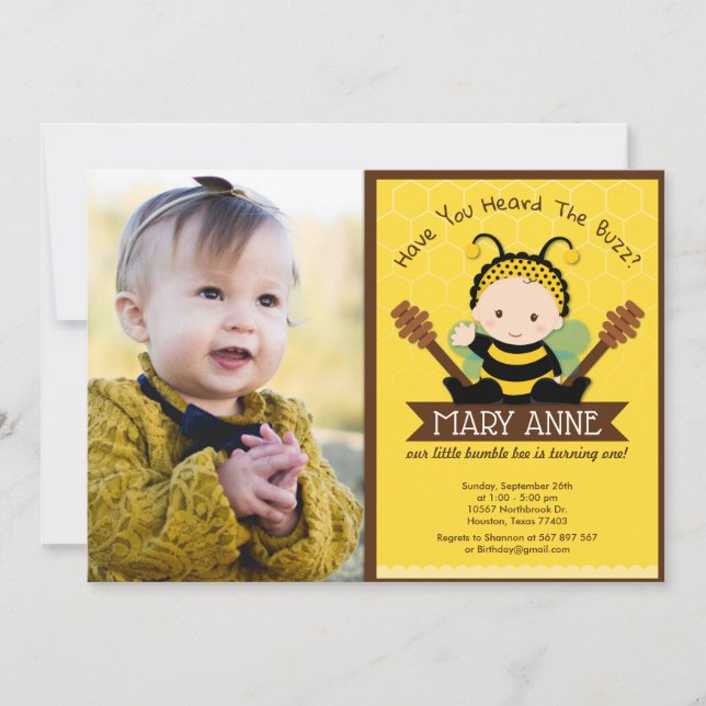 Cute Baby Bumble Bee Honey Bee 1st Birthday Photo Invitation (Front)