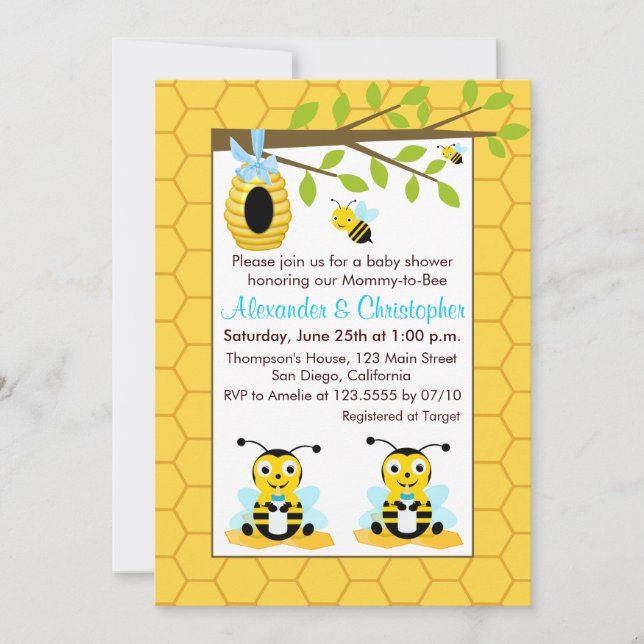 Cute Baby Bumblebee Twin Boy Baby Shower Invitation (Front)