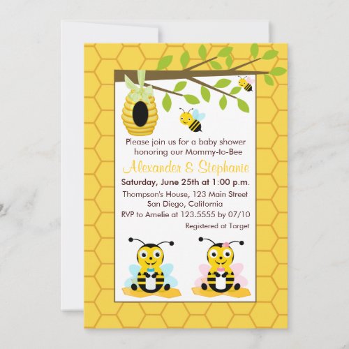 Cute Baby Bumblebee Twin Girls Boy Baby Shower Invitation