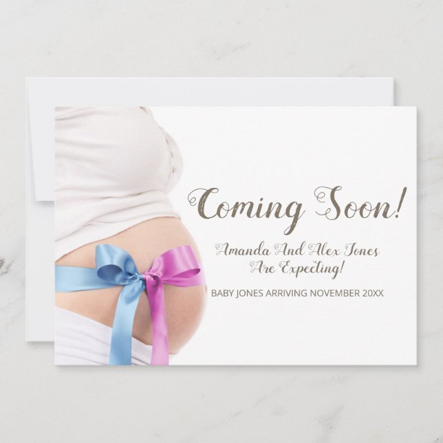 Cute Baby Bump With Ribbons Coming Soon Pregnancy Announcement (Front)
