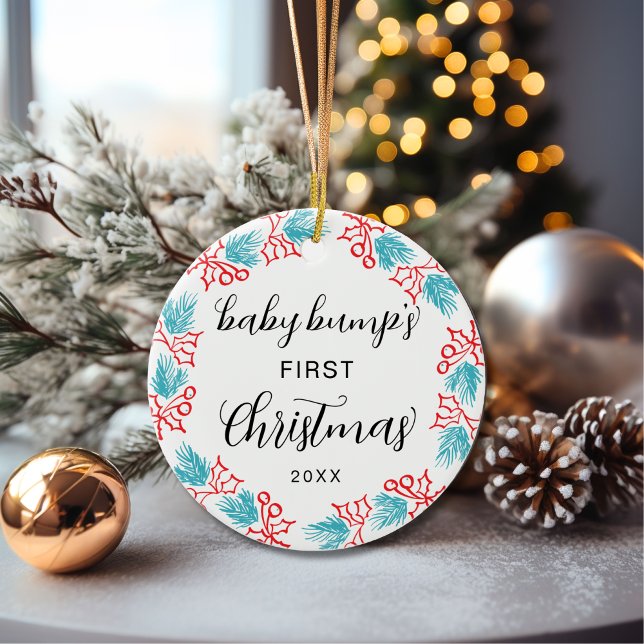 Cute Baby Bump's First Christmas Holly  Ceramic Ornament (Creator Uploaded)