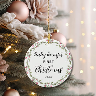 Cute Baby Bump's First Christmas Pink Berry Ceramic Ornament