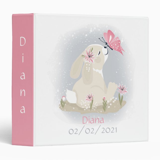 Cute baby Bunny and butterfly. 3 Ring Binder (Front/Spine)