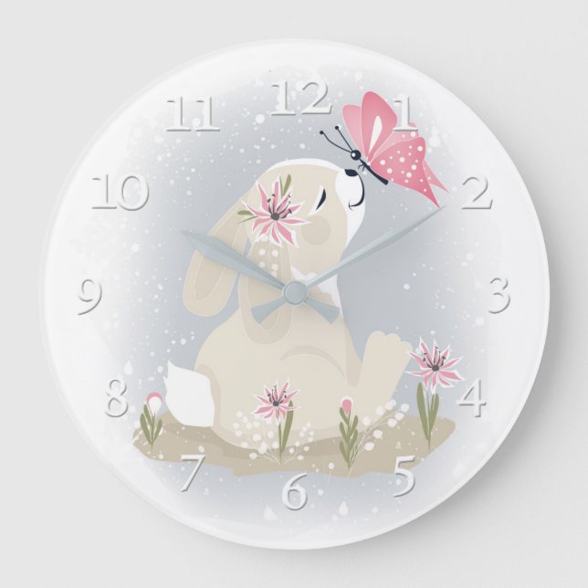 Cute baby Bunny and butterfly. Large Clock (Front)