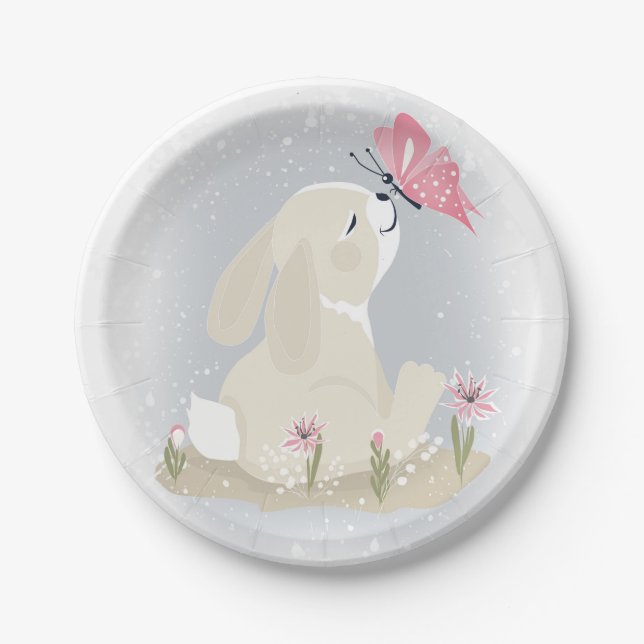 Cute baby Bunny and butterfly. Paper Plates (Front)