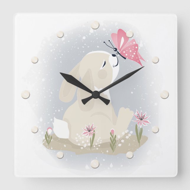 Cute baby Bunny and butterfly. Square Wall Clock (Front)