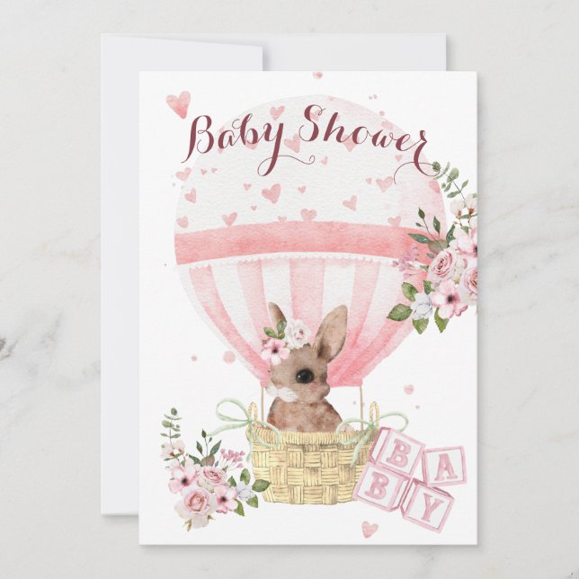 Cute Baby Bunny Floral Pink Baby Shower Invitation (Front)